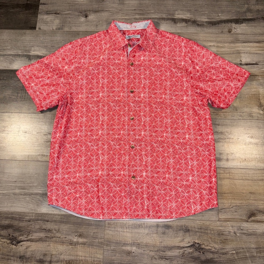 Tommy Bahama IslandZone Shirt Mens XL Red Geo Print Silk Blend‎ Button